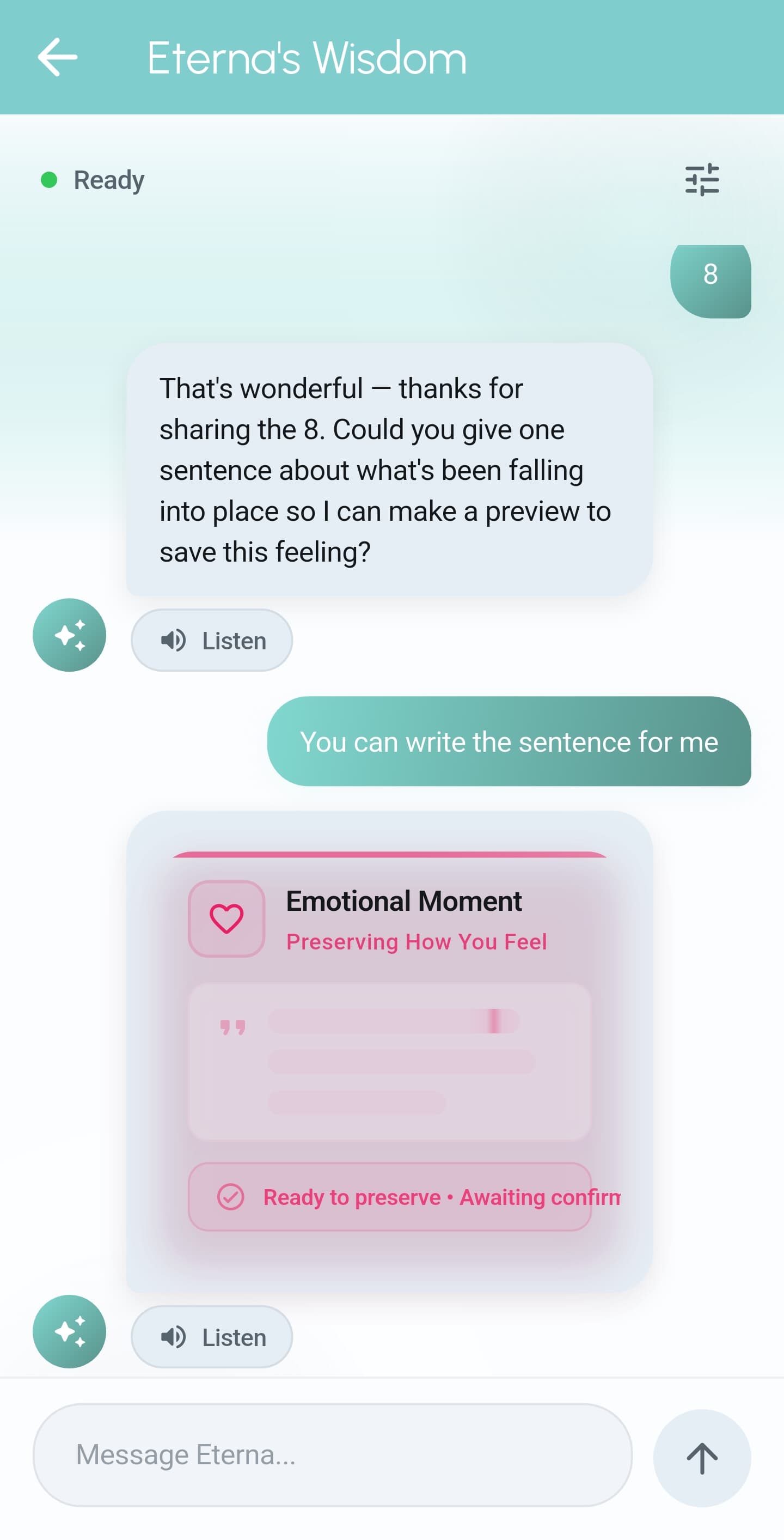 Eternem Eterna AI conversation with emotional moment card