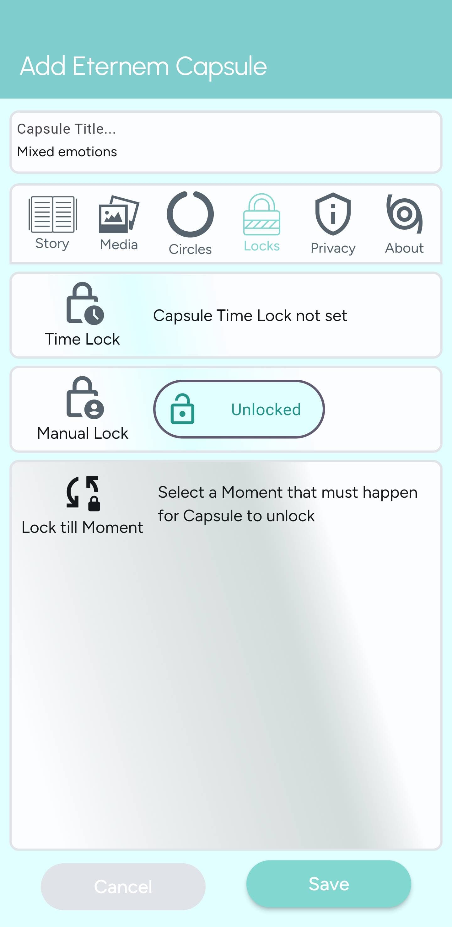 Eternem lock capsule screen showing Time Lock, Manual Lock, Moment Lock
